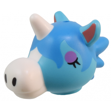minifigure head modified unicorn wide with molded dark azure hair white nose and horn and printed coral inner ears black nostrils and medium lavender eyelids eyes pattern