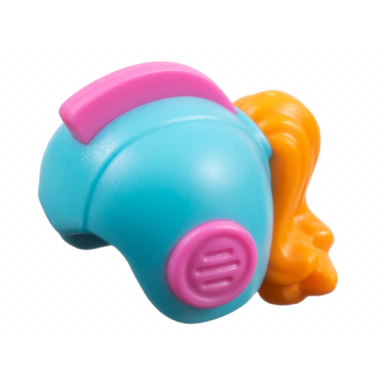 minifigure hair combo hat with hair helmet space retro with open front with molded dark pink earpieces and crest and orange ponytail pattern