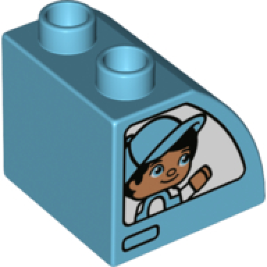 duplo brick 2 x 2 x 1 1 2 slope curved with boy with cap girl with bow and white vehicle windows pattern