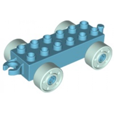 medium azure duplo car base 2 x 6 with open hitch end and light aqua wheels with fake bolts