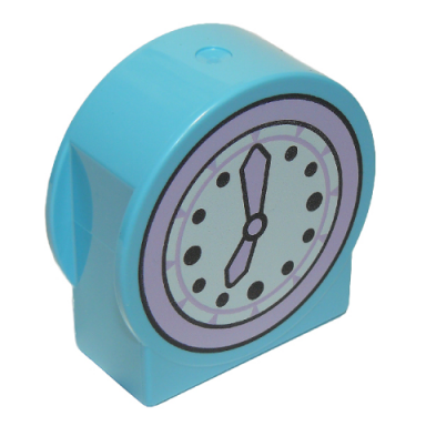 medium azure duplo brick 1 x 2 x 2 round top cut away sides with white clock face with lavender hands and bezel pattern