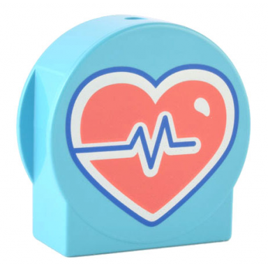 medium azure duplo brick 1 x 2 x 2 round top cut away sides with coral and white heart with blue heartbeat line pattern