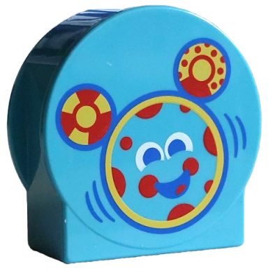 duplo brick 1 x 2 x 2 round top cut away sides with mouse face red and yellow circles blue and white eyes and mouth pattern