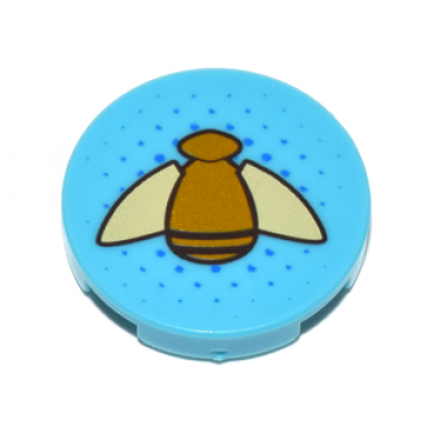 medium azure tile round 2 x 2 with bottom stud holder with gold bumblebee with tan wings pattern