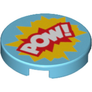 medium azure tile round 2 x 2 with bottom stud holder with pow! in yellow and red starburst explosion pattern