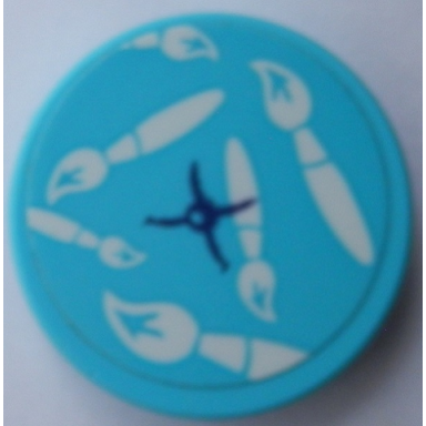 medium azure tile round 2 x 2 with bottom stud holder with medium azure pillow and white paintbrushes pattern sticker - set 41336