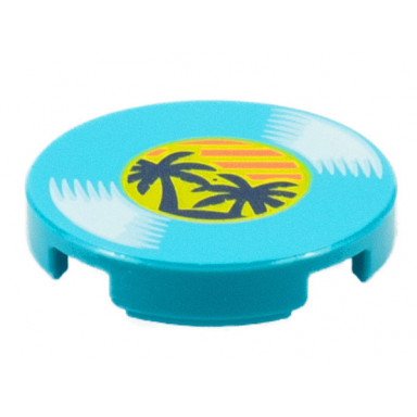 medium azure tile round 2 x 2 with bottom stud holder with lp record palm trees on label pattern