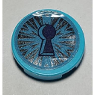 medium azure tile round 2 x 2 with bottom stud holder with dark blue keyhole and metallic light blue ice crystal pattern sticker - set 41168