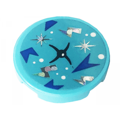 medium azure tile round 2 x 2 with bottom stud holder with cushion with black button white dots blue arrows holographic stars and lightning bolts pattern sticker - set 41708