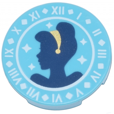 medium azure tile round 2 x 2 with bottom stud holder with dark blue cinderella silhouette gold hairband and white clock face pattern