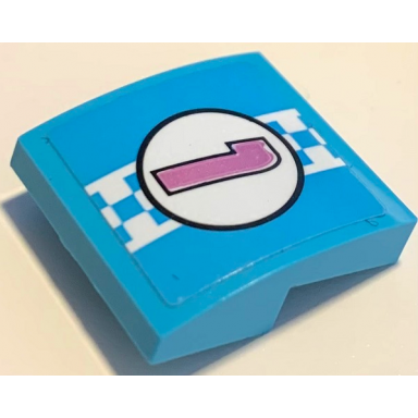 medium azure slope curved 2 x 2 x 2 3 with medium lavender number 1 in white circle and checkered stripe pattern sticker - set 41351