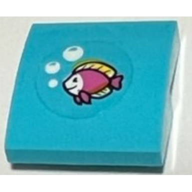 medium azure slope curved 2 x 2 x 2 3 with dark pink and yellow fish and white bubbles pattern sticker - set 41428