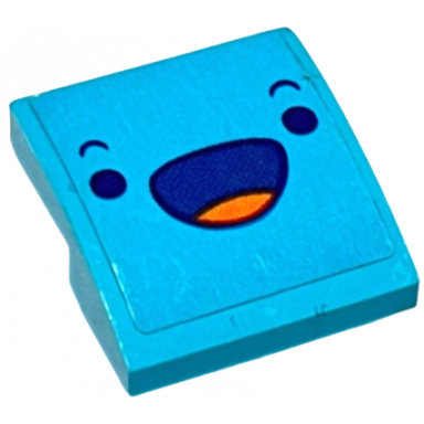 medium azure slope curved 2 x 2 x 2 3 with happy face with dark blue eyes eyebrows and open mouth with red tongue pattern sticker - set 40225