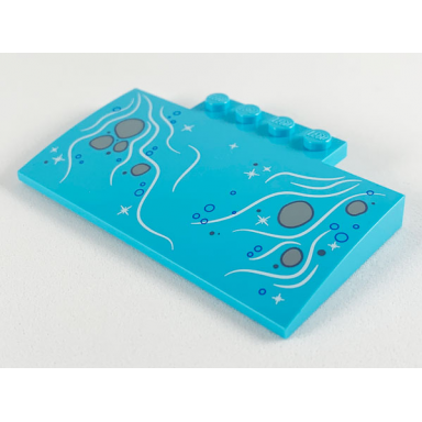 medium azure slope curved 5 x 8 x 2 3 with 4 studs with bubbles and light bluish gray rocks in stream pattern