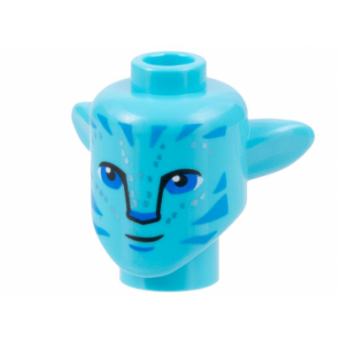 medium azure minifigure head modified alien navi with blue eyes dark azure markings silver spots small closed mouth grin pattern