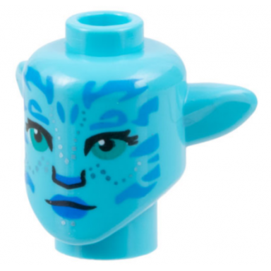 medium azure minifigure head modified alien navi with dark turquoise eyes dark azure markings silver spots blue lips neutral pattern
