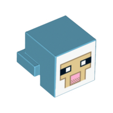 medium azure creature head pixelated with black and white eyes bright pink nose tan face with dark tan outline on white background pattern minecraft sheep