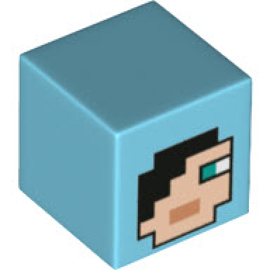 medium azure minifigure head modified cube with pixelated light nougat face black hair dark turquoise eye and nougat mouth pattern minecraft dragon slayer