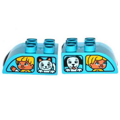 medium azure duplo brick 2 x 3 slope curved with vehicle windows with boy and cat girl and dog pattern