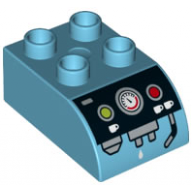 medium azure duplo brick 2 x 3 slope curved with lime and red buttons gauge and white cups on black coffee machine panel pattern