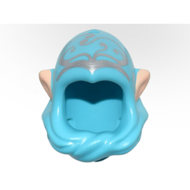 medium azure mini doll headgear hood cowl pointed top with light nougat elf ears and silver elves tribal pattern
