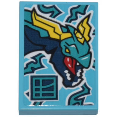 medium azure tile 2 x 3 with dark turquoise and dark blue lloyds dragon with yellow horns and ninjago logogram letter l in square pattern sticker - set 71799