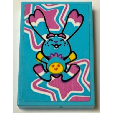 medium azure tile 2 x 3 with bunchu bunny with yellow hands smiley face on stomach and dark pink and white stars pattern sticker - set 71461