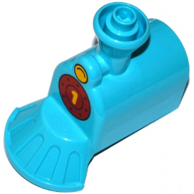 medium azure duplo train steam engine front with cow catcher with yellow headlight and number 1 pattern