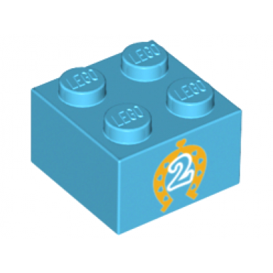 medium azure brick 2 x 2 with gold horseshoe with hearts and white number 2 outline pattern