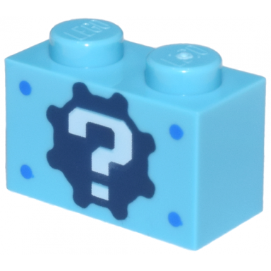 medium azure brick 1 x 2 with white question mark on dark blue gear and blue dots pattern