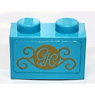 medium azure brick 1 x 2 with gold gh and swirls pattern sticker - set 41101