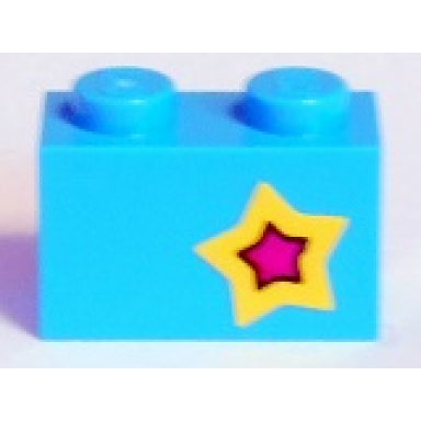 medium azure brick 1 x 2 with yellow and magenta star on right side pattern sticker - set 41346