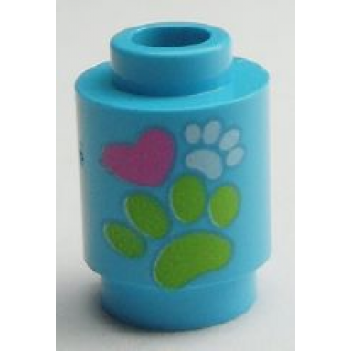 medium azure brick round 1 x 1 with paw prints and heart pattern