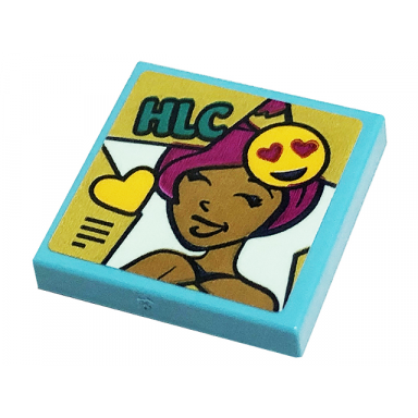 medium azure tile 2 x 2 with hlc bright light orange heart smiling emoticon and friends minifigure with magenta hair pattern sticker - set 41449