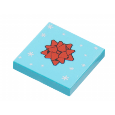 medium azure tile 2 x 2 with red gift bow and silver stars pattern