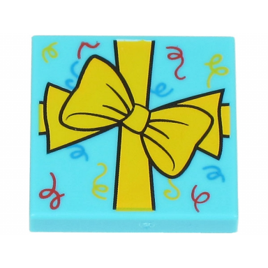 medium azure tile 2 x 2 with present gift with ribbon with bow and red yellow and dark azure scrolls pattern bam
