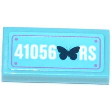 medium azure tile 1 x 2 with butterfly and 41056 rs plate pattern sticker - set 41056