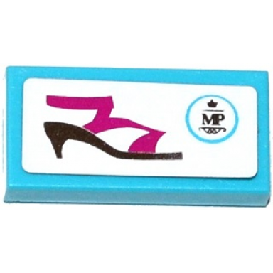 medium azure tile 1 x 2 with mp logo and shoe pattern sticker - set 41104