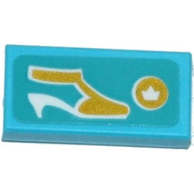 medium azure tile 1 x 2 with white and gold shoe and gold disk with crown pattern sticker - set 41135
