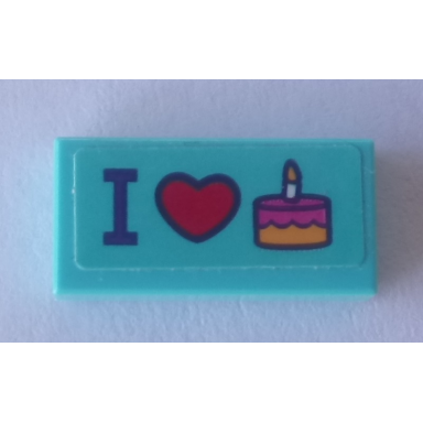 medium azure tile 1 x 2 with i heart and cake pattern sticker - set 41310