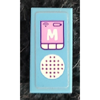 medium azure tile 1 x 2 with speaker grille buttons and m pattern sticker - set 41325
