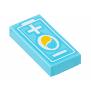 medium azure tile 1 x 2 with electric car battery with octane logo and white plus and minus sign pattern