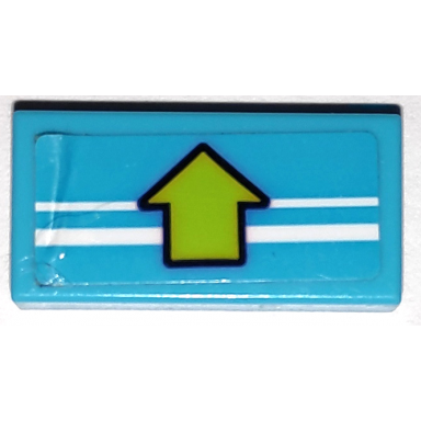 medium azure tile 1 x 2 with 2 white stripes and lime arrow with black outline pattern sticker - set 41338