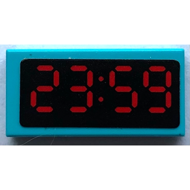medium azure tile 1 x 2 with digital clock with red 23:59 pattern sticker - set 80108