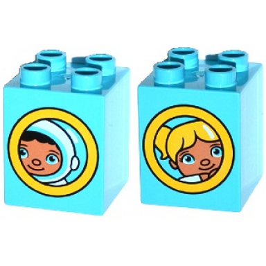 medium azure duplo brick 2 x 2 x 2 with porthole with duplo astronaut girl pattern
