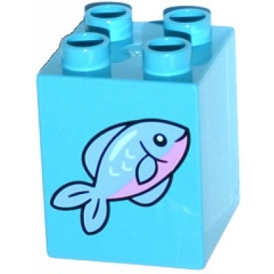 medium azure duplo brick 2 x 2 x 2 with fish with pink stomach pattern