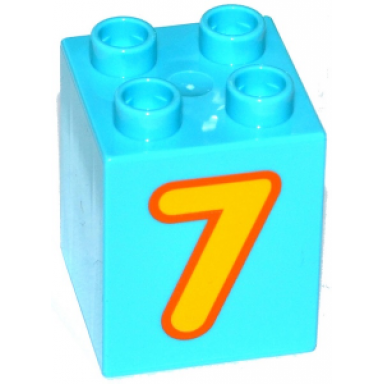 medium azure duplo brick 2 x 2 x 2 with number 7 bright light orange pattern