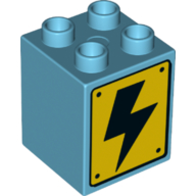 medium azure duplo brick 2 x 2 x 2 with high voltage black lightning bolt on yellow sign pattern