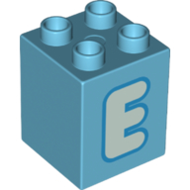 medium azure duplo brick 2 x 2 x 2 with light aqua capital letter e with dark azure outline pattern