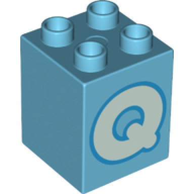 medium azure duplo brick 2 x 2 x 2 with light aqua capital letter q with dark azure outline pattern